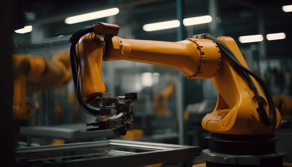Robotic arm welding metal in automated factory generated by AI